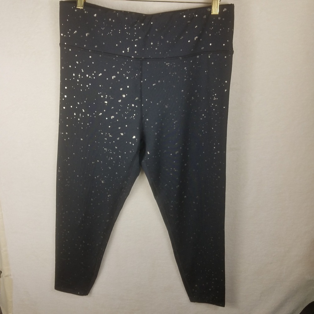 Nine West Active Leggings Women XL Black Silver Metallic Splatter Stretch
